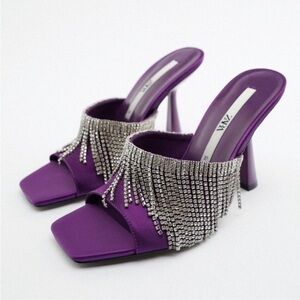 Zara Purple Swarovski Rhinestone Heeled Mule Sandals Size 8 NWT
